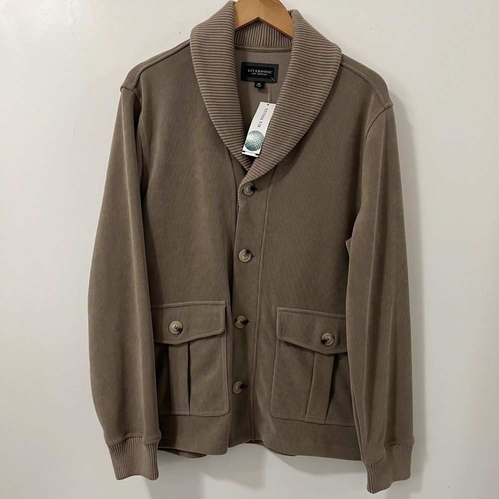 Liverpool Los Angeles Mens Knit Cord Shawl Collar Cardigan Jacket Khaki Size M